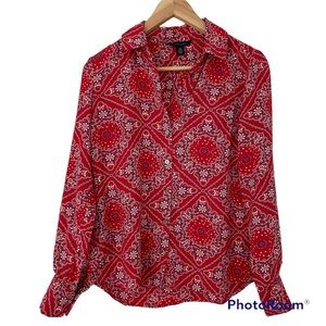 TOMMY HILFIGER RED/WHITE/NAVY PAISLEY PRINT 100% RAYON BUTTON DOWN TOP, SMALL